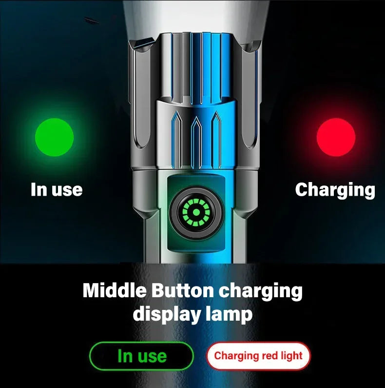 Lanternas led de alta potência, 2000lm, tocha tática com luz de exibição, carregamento usb, acampamento, pesca, lanterna com zoom de emergência