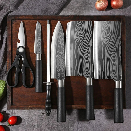 Laser Damasco Padrão Utilitário Facas de Cozinha, Tesoura, Afiação Rod Set, Aço inoxidável, Sharp Slicing Chef Faca, Cozinhar Ferramenta