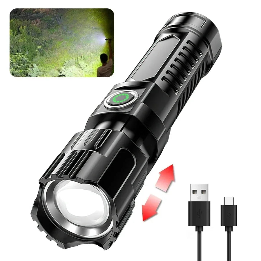 Lanternas led de alta potência, 2000lm, tocha tática com luz de exibição, carregamento usb, acampamento, pesca, lanterna com zoom de emergência