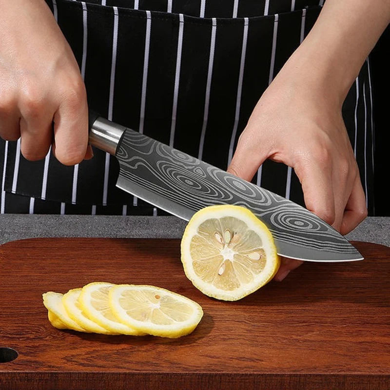 Laser Damasco Padrão Utilitário Facas de Cozinha, Tesoura, Afiação Rod Set, Aço inoxidável, Sharp Slicing Chef Faca, Cozinhar Ferramenta