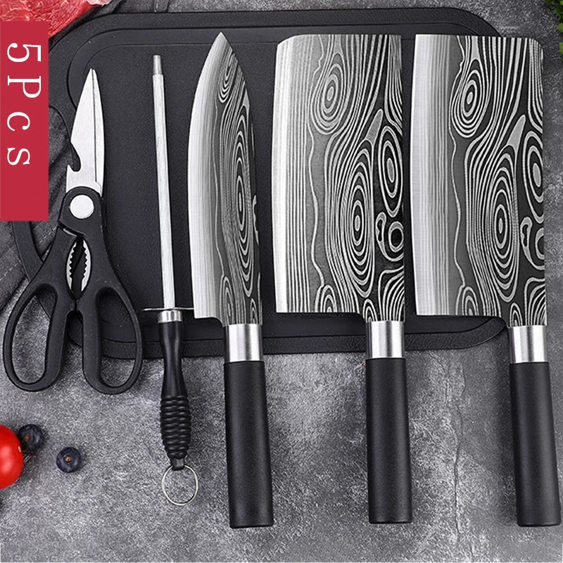 Laser Damasco Padrão Utilitário Facas de Cozinha, Tesoura, Afiação Rod Set, Aço inoxidável, Sharp Slicing Chef Faca, Cozinhar Ferramenta