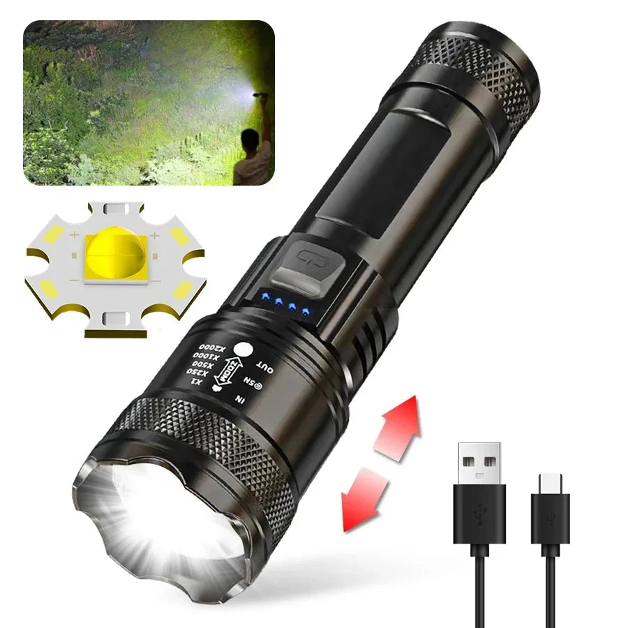 Lanternas led de alta potência, 2000lm, tocha tática com luz de exibição, carregamento usb, acampamento, pesca, lanterna com zoom de emergência